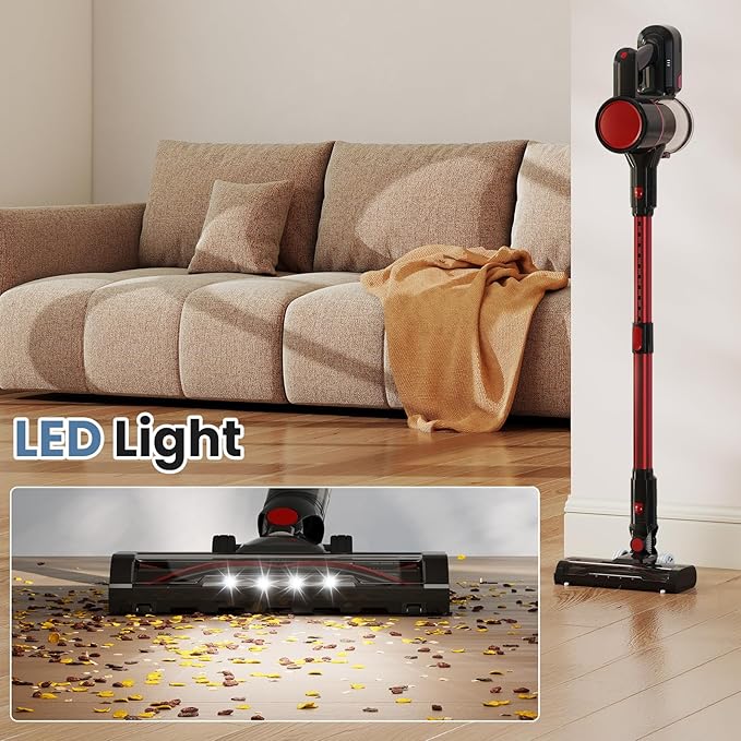 DUMOS Cordless Vacuum Cleaner, Lightweight Stick Vacuum Cleaners for Home, Powerful Suction & LED Lights Rechargeable Battery for Carpets, Pet Hair, Hardwood Floors