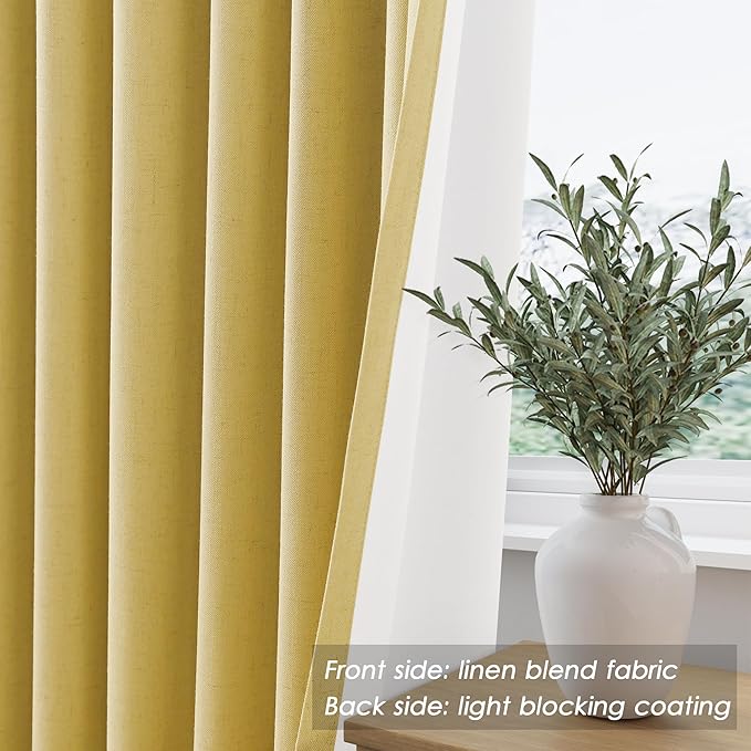 Gold Linen Blackout Curtains 102 Inches Long Loop Pocket Rod Pocket Flax Linen Thermal Insulated Sound Absorbing Sun Block Out 2 Panels Set for Nursery Rustic Farmhouse Curtains Drapes 52x102