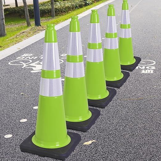 Fluorescent Orange/Green PVC Traffic Cones, Heavy Black Base Parking Lot Cone Structurally Stable Weatherproof Road Construction Safety Cones (4, Green, 28" Large)