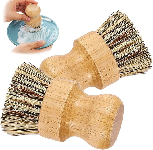 Natural Wooden Dish Brush，Kitchen Bamboo Scrub Brush for Dishes，2 Pack (Style-A, Small)