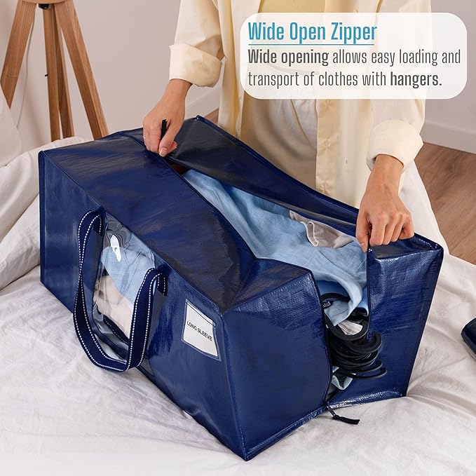 VENO 8 Pack Moving Bags Extra Large Storage Bags for College Move-In, Heavy-Duty Storage Totes, Packing Boxes, and Wardrobe Moving Supplies - Durable Laundry Bags for Clothes (Blue w/Window, 8 Pack)