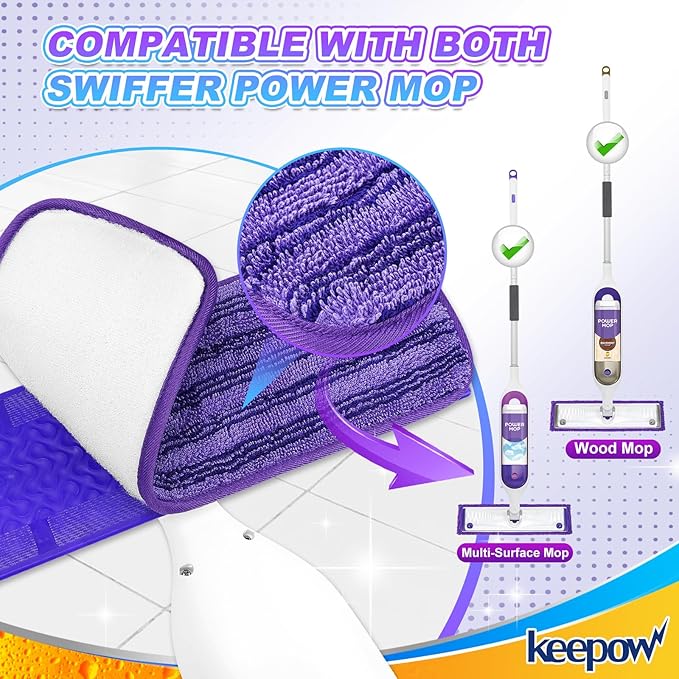 KEEPOW Reusable Power Mop Refill Pads for Swiffer Power Mop, Powermop Mopping Pad Refills for Wood Floor Cleaning, Machine Washable Microfiber Mop Pads for Wet and Dry Use, 4 Pack