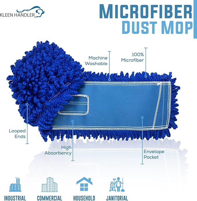 Kleen Handler 48 inch Microfiber Dust Mop | Extra Large Washable Commercial Mop Head Replacement, Pack of 3