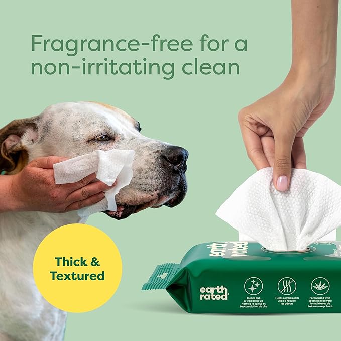 Earth Rated Vet-Developed Pet Eye Wipes, Hypoallergenic Cleaner for Dogs & Cats Eyes to Remove Dirt & Discharge, Fragrance Free, 70 Count