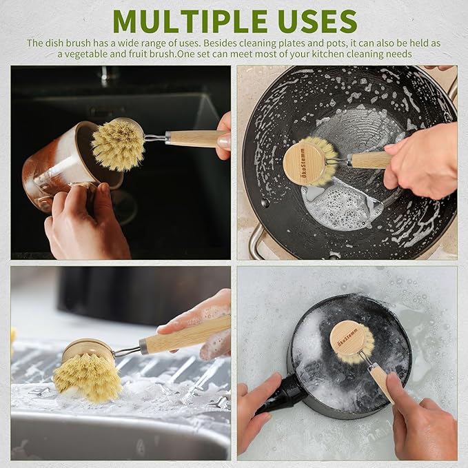 ÖkoStamm Bamboo Dish Brush with Long Handle - Natural Dish Scrubber Brush Set Includes 4 Replacement Brush Heads, Sisal Bristle Bamboo Brush for Dishes, Pans, Pot, Fruit and Veggie