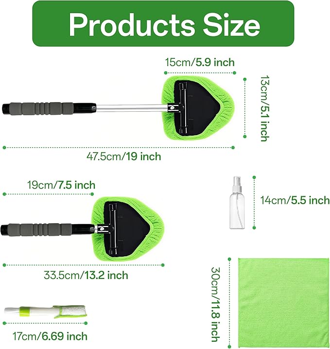 IIUIKOO Windshield Cleaner Tool with Extendable Handle, Car Window Cleaning Kit for Inside & Outside Glass, Includes Microfiber Pads, Brush & Bottle (7 Pcs, Green)