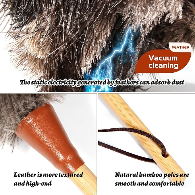 Natural Good Ostrich Feather Duster with Bamboo Handle, Electrostatic Dust Remove for Ceiling，Fans，Bookshelves, Sofa, Windows, Fit for Home, Office and Cars Duster Green