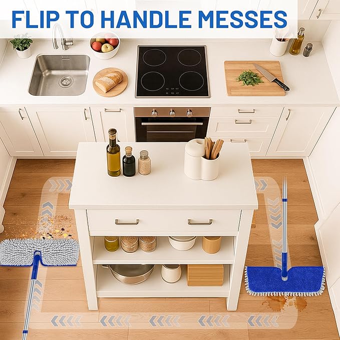 Enspoway 2-Sided Microfiber Dust Mop: Dry Flat Wall Mop for Hardwood Floors with 3 Reusable Pads Reversible Head for Apartment Kitchen Tile Laminate Pet Hair Cleaning