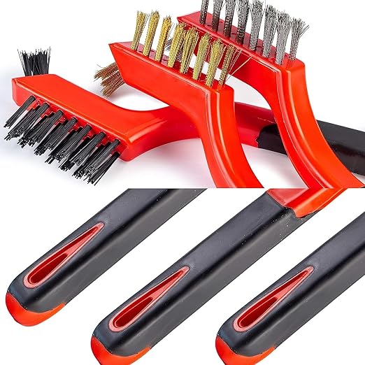 Wire Brush 3Pcs Metal Scrubber - Nylon/Brass/Stainless Steel Bristles with Curved Handle Grip for Cleaning Rust Removal, Dirt, Paint Scrubbing with Deep Cleaning – 7 Inches