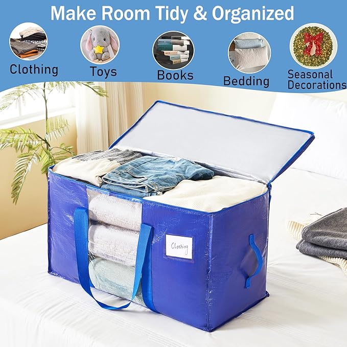 Extra Large Moving Bags, 4 Pack Heavy Duty Packing Bags for Moving, Totes For Storage with Visible Window and Wrap Around Handles, Moving Supplies for Space Saving