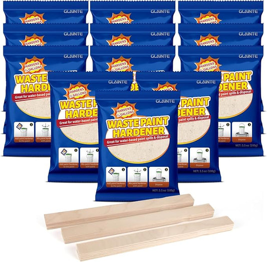 GLAINTE Waste Away Paint Hardener 12 Packs, 3.5oz - Fast Acting Solid Hardener - Drying Powder for Water-based Paint with 15 Pcs Wooden Stir Sticks