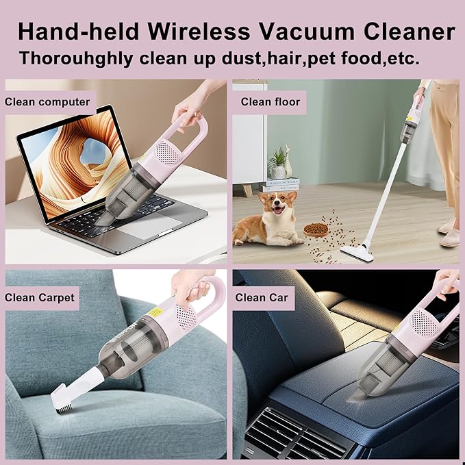SIPPON 6-in-1 Lightweight Stick Vacuum Cleaner with 100W Powerful Motor, Mini Portable Household Handheld Vacuum Cleaner for Domestic Hard Floors, Carpets and Pet Hair(Pink Cordless with Plug)