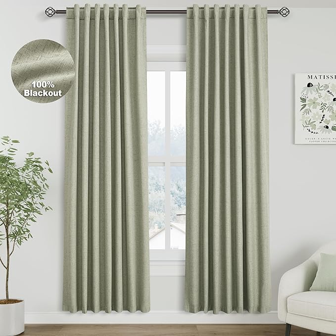 Nanspring Sage Green Linen 100% Blackout Curtains 80 inch Length Back Tab Rod Pocket Drapes Thermal Insulated Textured Bedroom Black Out Curtains 2 Panels Set 52x80