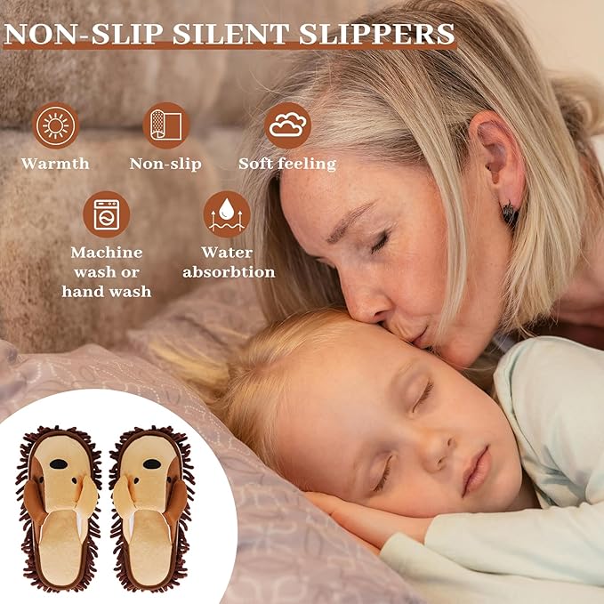 Liitrton Mop Slippers Cartoon Mop Shoes, Washable Microfiber Slippers for Floor Cleaning, Detachable Mopping Slippers for Women Home Floor Cleaning Tools (Brown, Women 4.5-6)