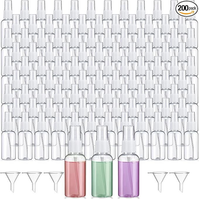 Uiifan 200 Pcs Mini Clear Spray Bottles 1 oz Small Empty Plastic Fine Mist Spray Bottles with Small Funnels for Essential Oils Travel Alcohol Perfumes
