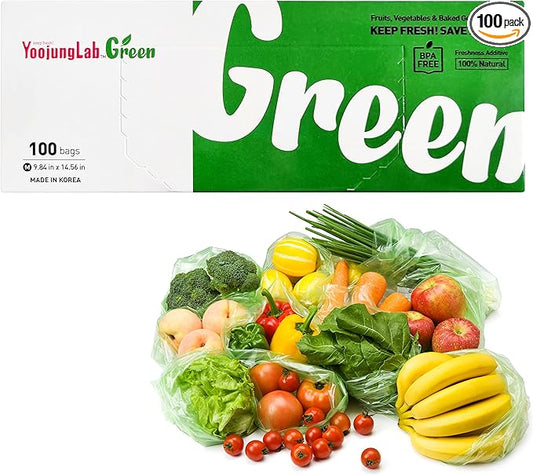 Green, Food Storage Bags, 9.84" 14.56" 100bags, Keep Fresh Produce Bags, BPA FREE, Food Saver Storage for Fruits, Vegetables, HDPE, Green color bag, Disposable Storage Bags, Eco-Friendly