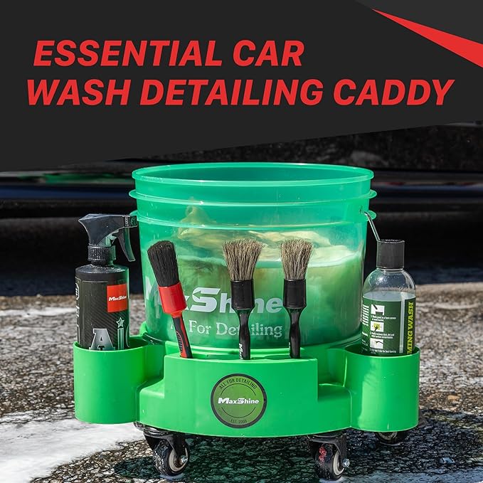 Maxshine 5 Gallon Universal Rolling Bucket Dolly (Red) | Heavy-Duty Detailing Bucket Cart with 5 Wheels & 2 Locking Casters | Mobile Organizer for Compounds, Brushes & Car Wash Supplies