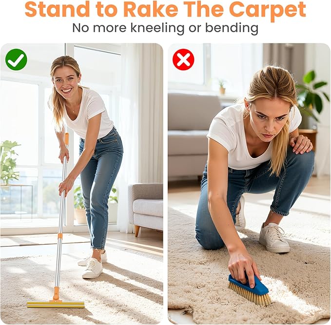Bolfie 3 in 1 Carpet Rake for Pet Hair Removal, Tool Set of 3, 55” Long Handle Carpet Pet Hair Removal Carpet Scraper Dog Cat Hair Remover for Sofa, Couch, Car, Rug (Orange)