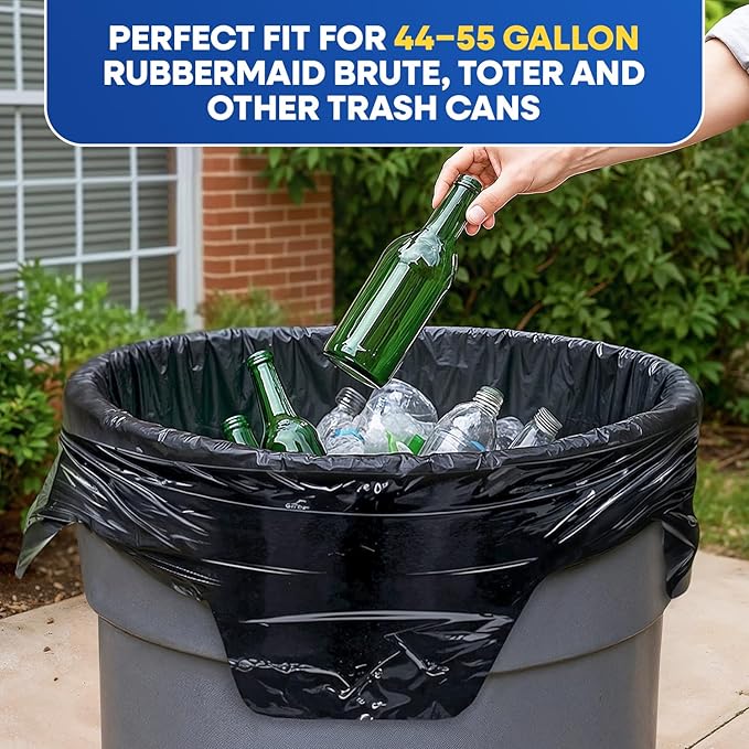 64-65 Gallon Trash Bags Heavy Duty with Flap Ties Extra Large Garbage Bags 2 Mil Outdoor Trash Bags 43 x 49 Trash Can Liners, Black Pack of 120, 6 Boxes of 20 Bags