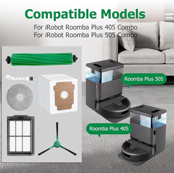 MIXEAL 25 Pack Replacement Accessories Kit for iRobot Roomba Plus 405 Combo, Plus 505 Combo Vacuum, 2 Main Brushes,4 Filters,6 Dust Bags,6 Mop Pads,6 Side Brushes,1 Cleaning Brush