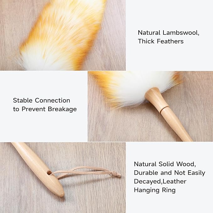 ONESIMUS 2 Pack Lambswool Dusters Fluffy Handheld Natural Feather Duster, 11 inch Washable Reusable Wool Dusters with Solid Wooden Handle for Cleaning Ceiling Fan, Interior, & Car etc