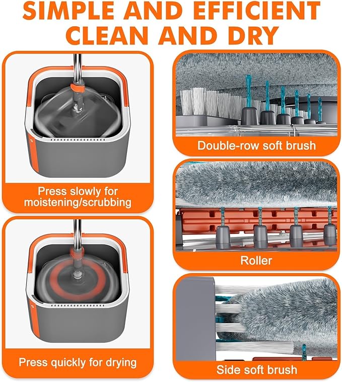 Upgraded Spin Mop and Bucket System Set, Self Separate Clean and Dirty Water, Foldable Square Standing Mop Head with Microfiber Mop Pads, Detachable Bucket (Grey+Orange, Mop Set with 6PC Pads)