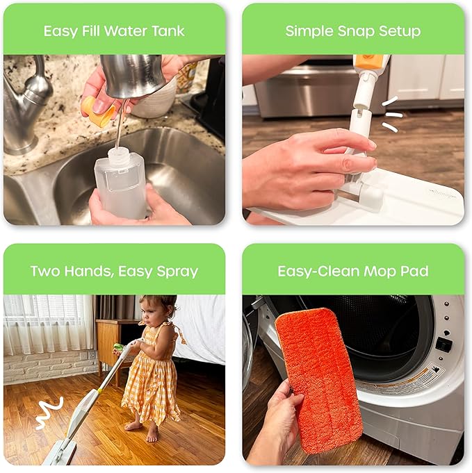 Quiggly Toddler Spray Mop – Two-Handed Design for Ages 3–5 with Real Water Sprayer – Montessori Functional Cleaning Toy Set