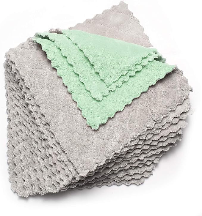 12 Pack Dish Towels, 10x10 in Premium Dish Cloths, Super Absorbent Kitchen Towels Coral Velvet Dishcloths Nonstick Oil Fast Drying Washcloths (Green-Grey)