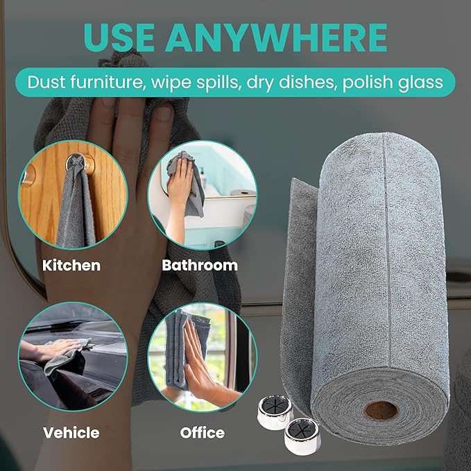 Microfiber Cleaning Cloth Roll, Reusable Tear Away Towels, Ultra Absorbent Dish Rags for Car, Home, Garage (Grey with Hanging Hooks)