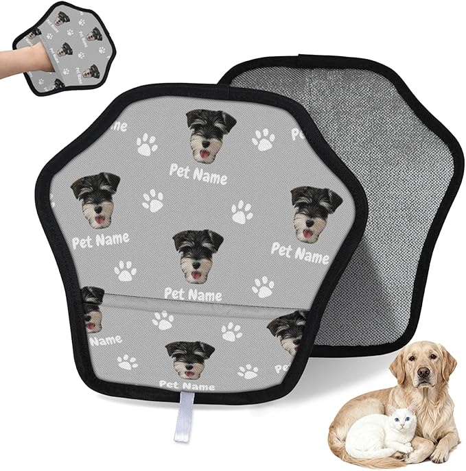Personalized Pet Hair Remover Glove for Dogs & Cats - Custom Photo & Name Magic Brush for Dog Cat Hair Removal, Reusable Electrostatic Pet Hair Gloves for Furniture Carpet Couch, Face Paw Grey