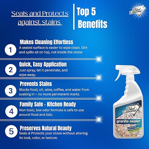 Black Diamond Stoneworks Granite Sealer: Seals and Protects. Marble Sealer Protector. Granite, Marble, and Travertine Countertop Sealer for All Stone Countertops. Enhance Your Stone’s Natural Beauty.