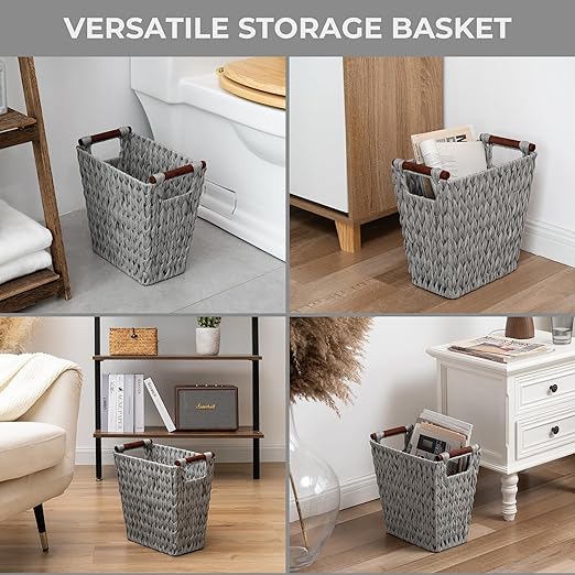 GRANNY SAYS Woven Waste Basket, Gray Wicker Basket with Wood Handles, Wicker Waste Basket for Bathroom Living Room, 2-Pack, 13" x 7 ½" x 12 ½"