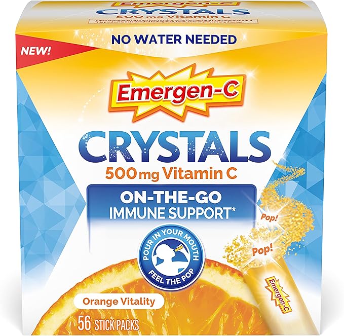 Emergen-C Crystals, On-the-Go Emergen-C Immune Support Supplement with Vitamin C, B Vitamins, Zinc and Manganese, Orange Vitality - 56 Stick Packs