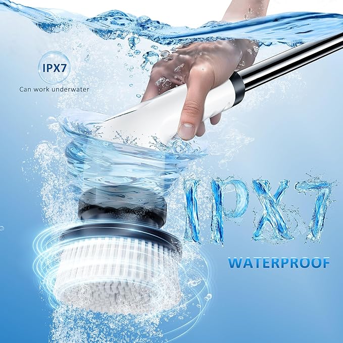 Electric Spin Scrubber Upgraded Battery with Extra-Long Runtime, IPX7 Waterproof Power Cleaner with 7 Brush Heads, 2 Speeds Adjustable Long Handle for Bathroom, Floor, Shower, Tile & Kitchen Cleaning