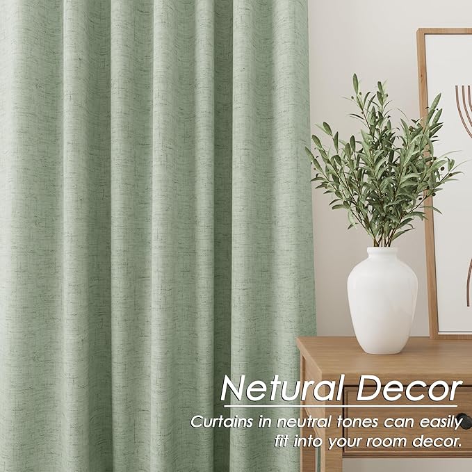 Blackout Light Sage Linen Curtains 96 Inches Long Back Tab Heat Reflective Full Light Block Out Curtain 2 Panels for Bedroom Window Textured Long Draperies with Liner Floor to Ceiling Length 52x96