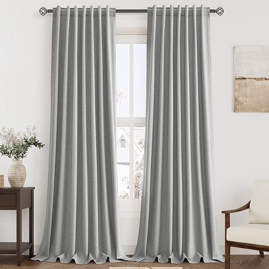Charcoal Linen Curtains 90 inch Length 2 Panels Set for Bedroom Thermal Insulated 100% Blackout Linen Drapes Back Tab Neutral Rustic Modern Farmhouse Room Darkening Curtain 52x90