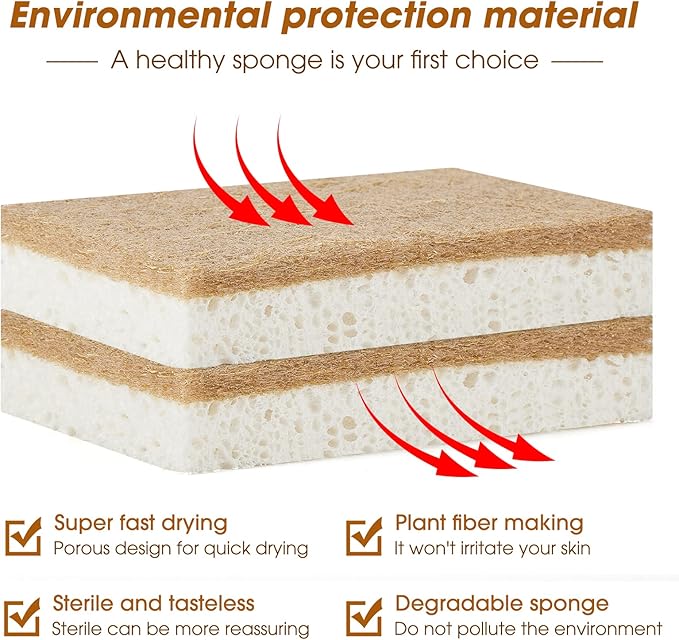 10 Pack Nature Dish Sponge - Natural Kitchen Sponge - Coconut Fiber and Wood Cellulose Scrubber Sponge