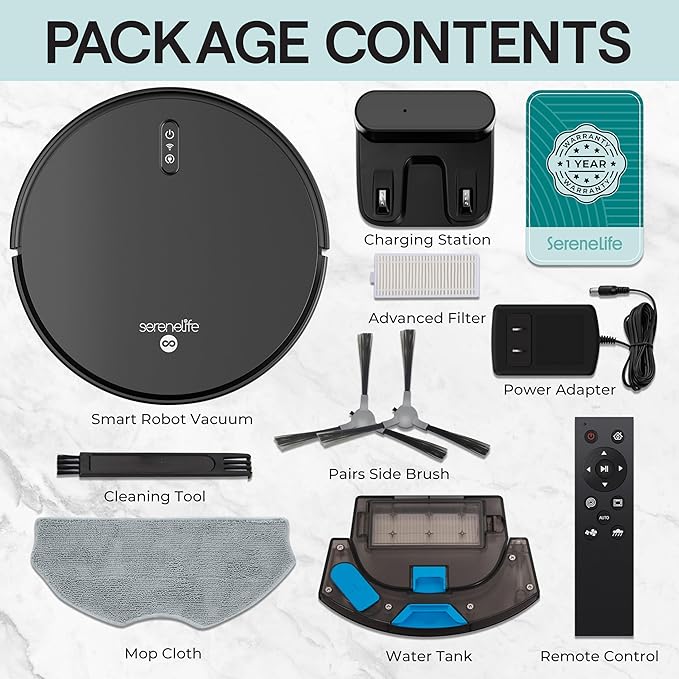 SereneLife Smart Robot Vacuum Cleaner and Mop Combo, Pro Edition with Upgraded Battery, Extreme Suction, Internal Water Tank - App Control, Ideal for Pet Hair, Carpet and Hard Floors, Black