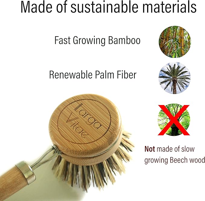 Larga Vitae 6 pcs Wooden Dish Brush Replacement Heads Made of Renewable Bamboo Wood and Natural Bristle Fiber, Durable, Long Lasting (Palm/Coconut Fiber Bristles)