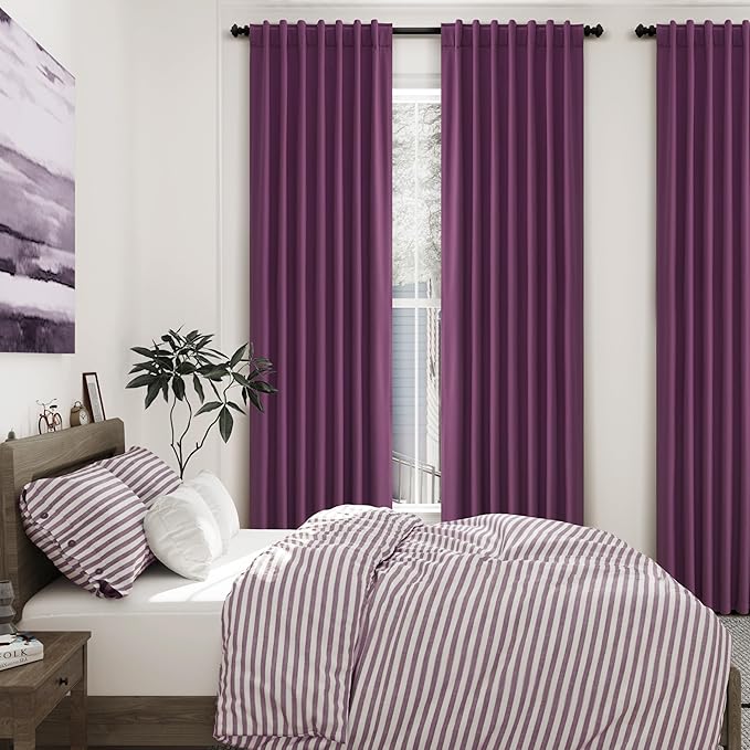 Nanspring Purple 100% Blackout Curtains 63 inches Long for Bedroom Boho Farmhouse Back Tab Rod Pocket Thermal Insulated Textured Short Room Darkening Curtains 2 Panels Set 52x63 Inches