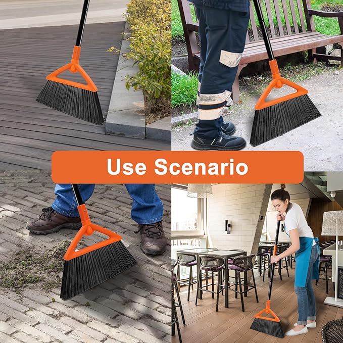 SZJYHQY 3 Pack Outdoor Indoor Broom, Brooms for Sweeeping Indoor, Heavy-Duty Kitchen Broom with Long Pole, Angle Broom Orange for Garages Restaurant Courtyard Office Slidewalk Lobby Sweep Dust