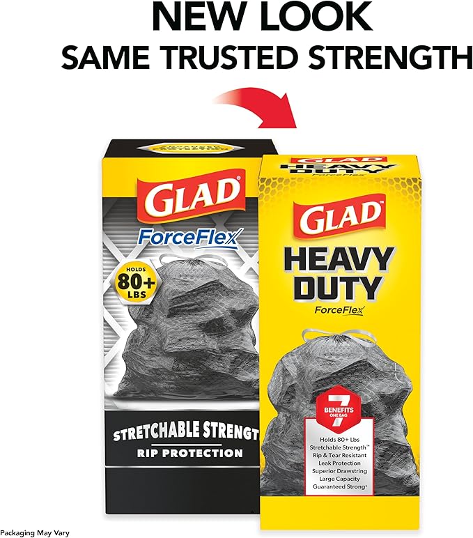 Glad ForceFlex Heavy Duty Large Trash Bags, Hold 80+ lb, 30 Gal, 25 Ct (Package May Vary)