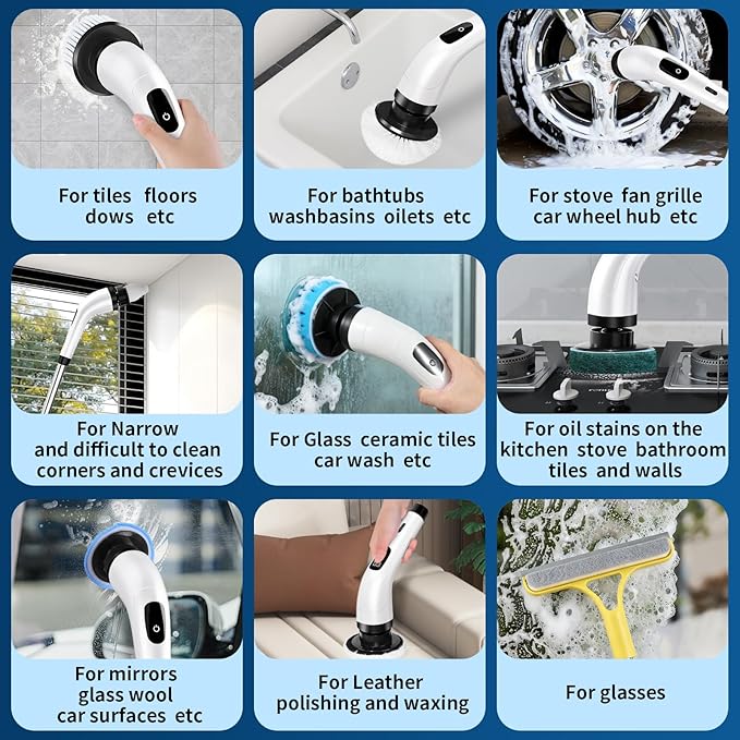 Rechargeable Electric Spin Scrubber, Waterproof Power Cleaner with 7 Brush Heads,1 Window Squeegee,2 Speeds Adjustable Long Handle for Bathroom, Floor, Shower, Tile & Kitchen Cleaning (White)