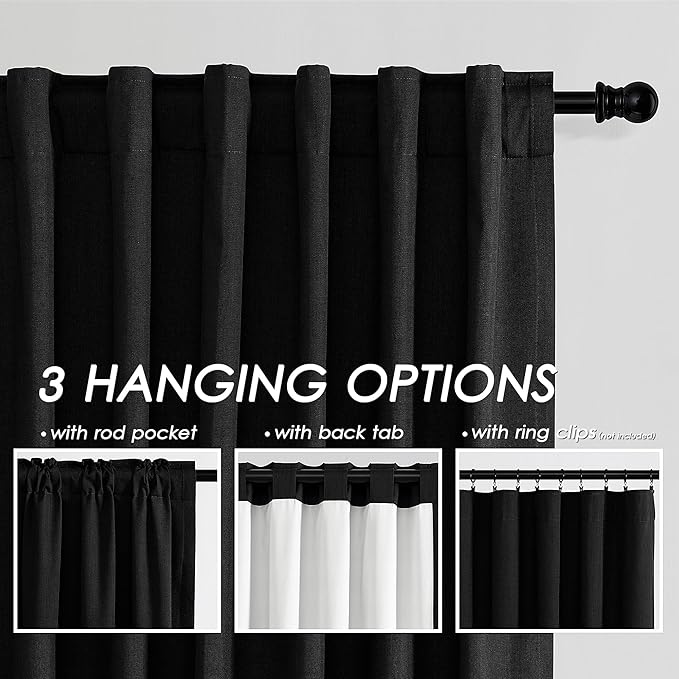 Black Linen Blackout Curtains 120 Inch Length 2 Panels Set Burg Extra Long 10 Ft Back Tab Pocket Drapes Cotton Textured Thermal Insulated Total Blocking Curtains for Dining Room Cottage High Window