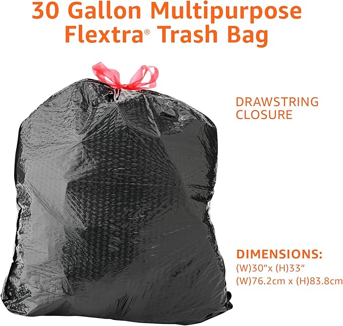 Amazon Basics 30 Gallon Flextra Strength Multipurpose Drawstring Trash Bags, 20% Post Consumer Recycled, 50 count
