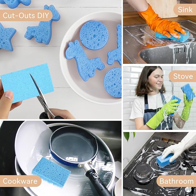 Mkobon 6 Pcs Kitchen Sponges for Dishes Cleaning, Non Scratch for Non Stick Cookware, Compressed Natural Cellulose Sponges, Dish Washing Scrubbers, Scrubbing Pads for Household, Bathroom (Blue)