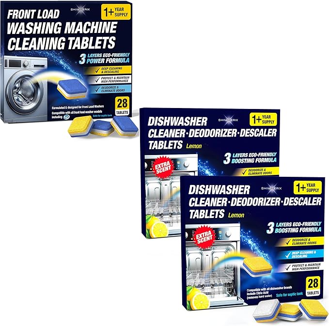 Washing Machine Cleaner Tablets Front Load 28 Pack & Dishwasher Cleaner Deodorizer Descaler Tablets 56 Pack Bundle - 1 Plus Year Supply - Septic Safe Eco Friendly Formula