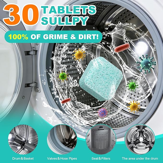 edoia Washing Machine Cleaner Tablets, 30 Pack Deep Cleaning Pods for Front ＆ Top Loader, Natural Formulared for Pet Owners, Heavy Duty, Septic Safe, Over 12 Month Supply, 15G, Blue