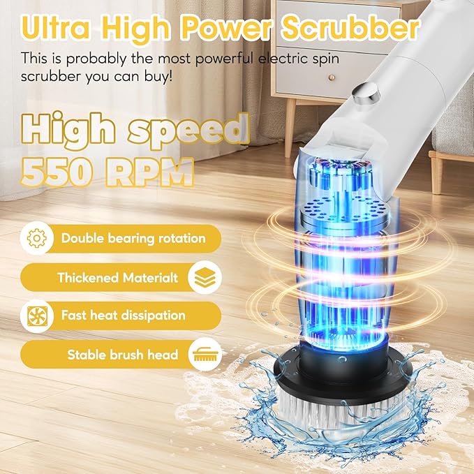 Electric Spin Scrubber, Full-Body IPX7 Waterproof Bathroom Scrubber with 550RPM High Power, Adjustable Extension Handle, Cordless Electric Cleaning Brush for Bathroom, Kitchen Cleaning
