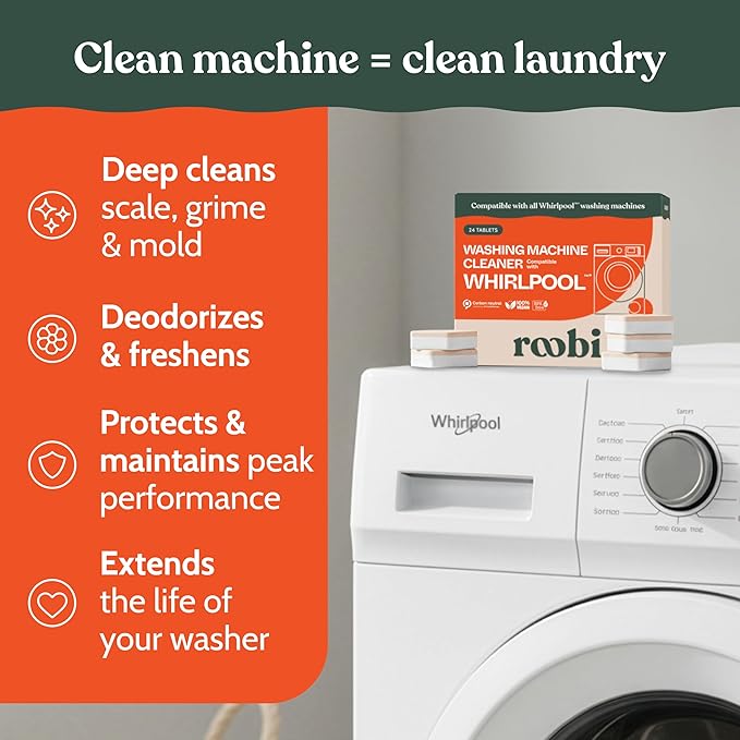 Roobi Washing Machine Cleaner Tablets compatible with Whirlpool. Deep Clean Formula Eliminates Odor, Residue & Build-Up. Carbon-Neutral & Septic-Safe 24-Pack Cleaning Tablets.